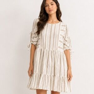 English Factory‎ Anthropologie Striped Mini Dress XS Boho Tie Sleeve Cotton